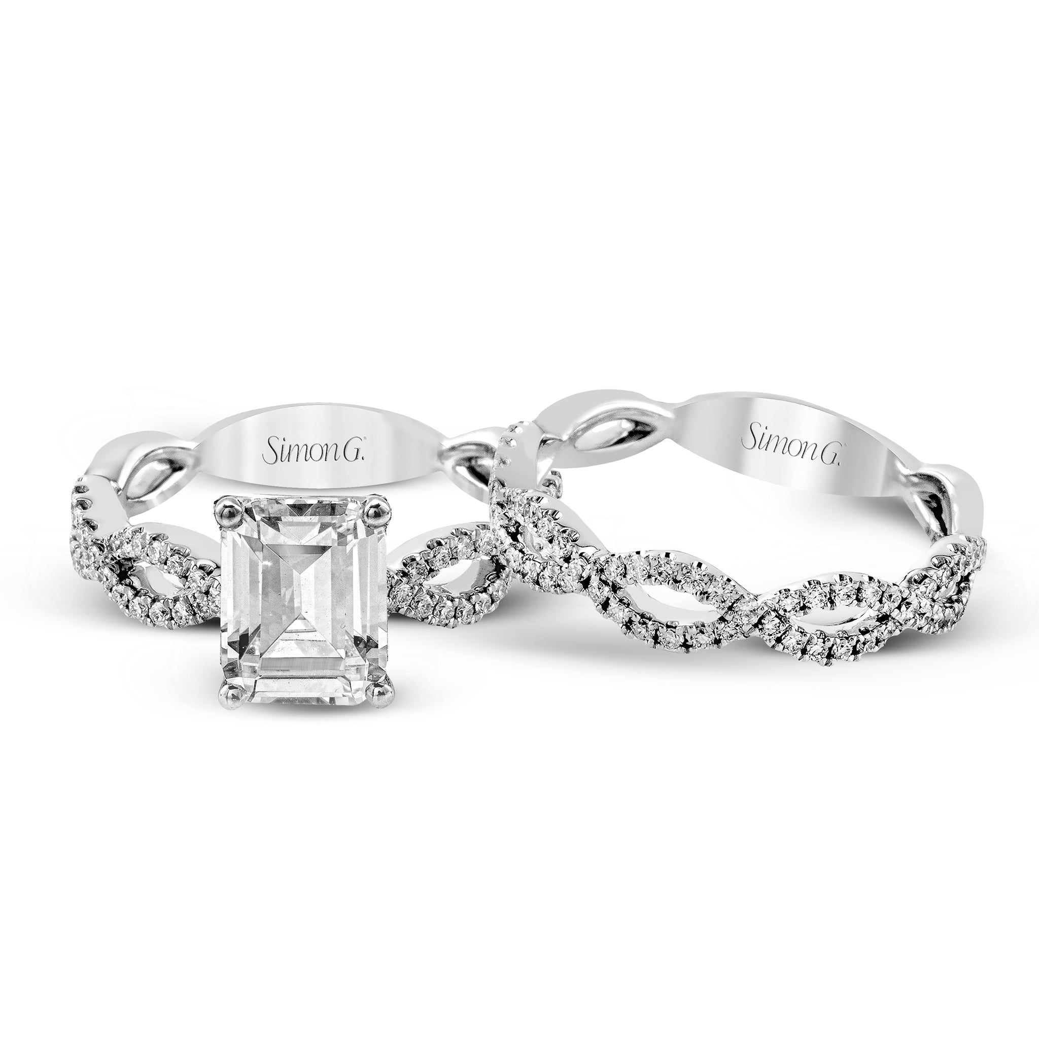 Emerald - cut Criss - cross Engagement Ring & Matching Wedding Band in 18k Gold with Diamonds - Simon G. Jewelry