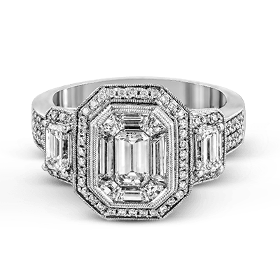 Emerald - cut Halo Engagement Ring in 18k Gold with Diamonds - Simon G. Jewelry