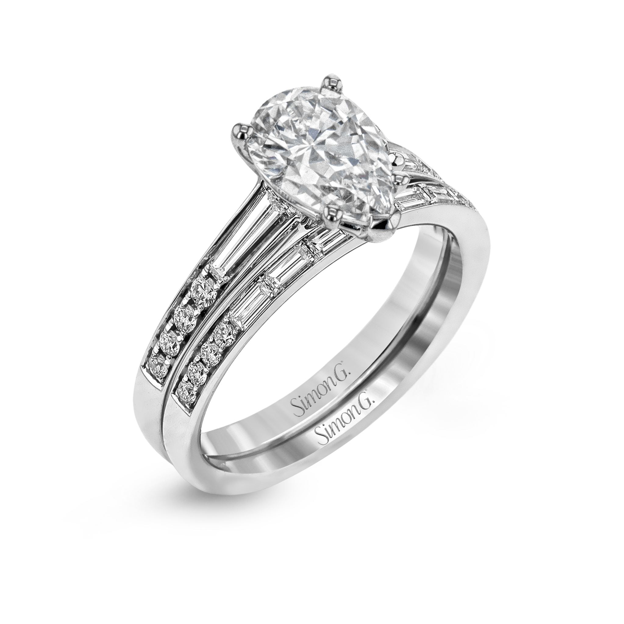 Pear - cut Engagement Ring & Matching Wedding Band in 18k Gold with Diamonds - Simon G. Jewelry