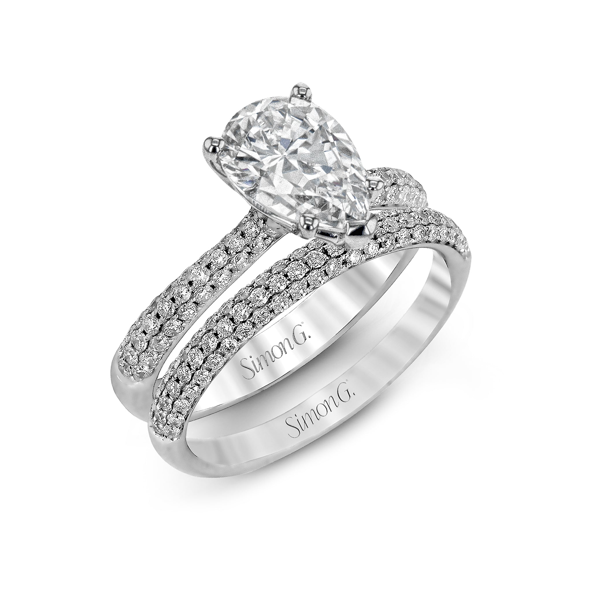 Pear - cut Engagement Ring & Matching Wedding Band in 18k Gold with Diamonds - Simon G. Jewelry