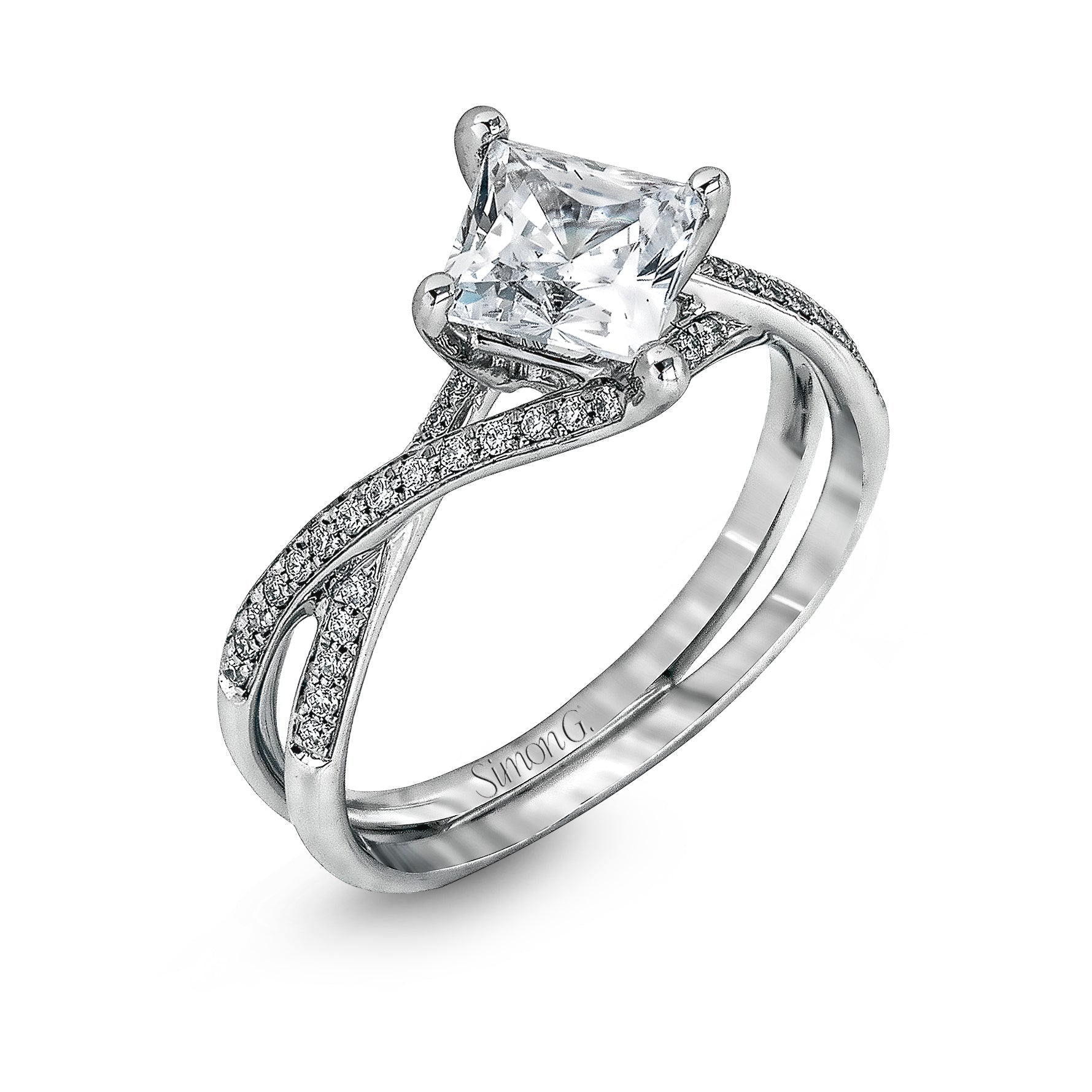Princess - cut Criss - cross Engagement Ring in 18k Gold with Diamonds - Simon G. Jewelry