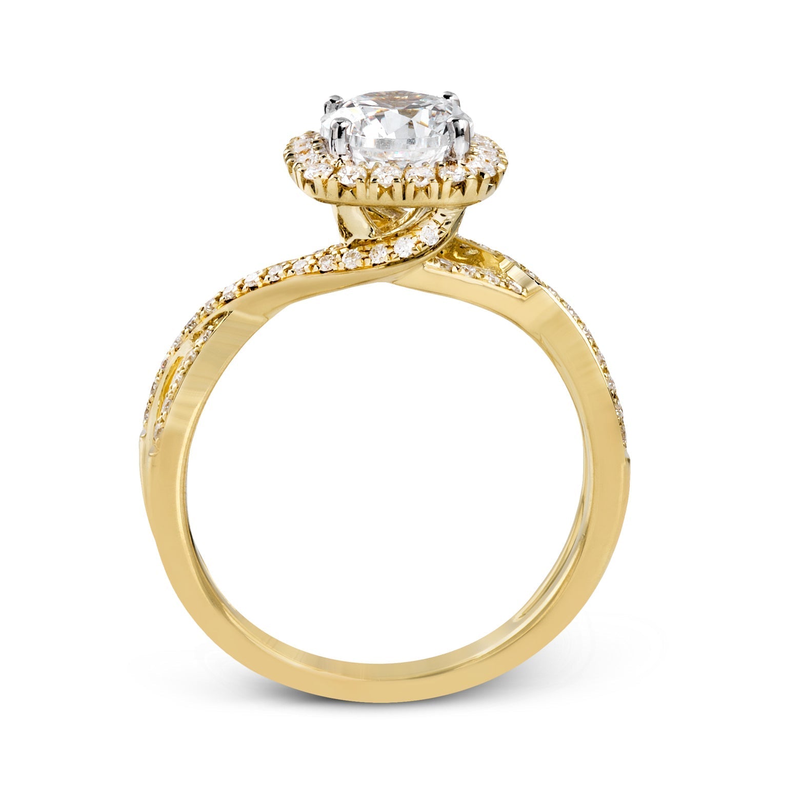 Round - cut Halo Criss - cross Engagement Ring in 18k Gold with Diamonds - Simon G. Jewelry