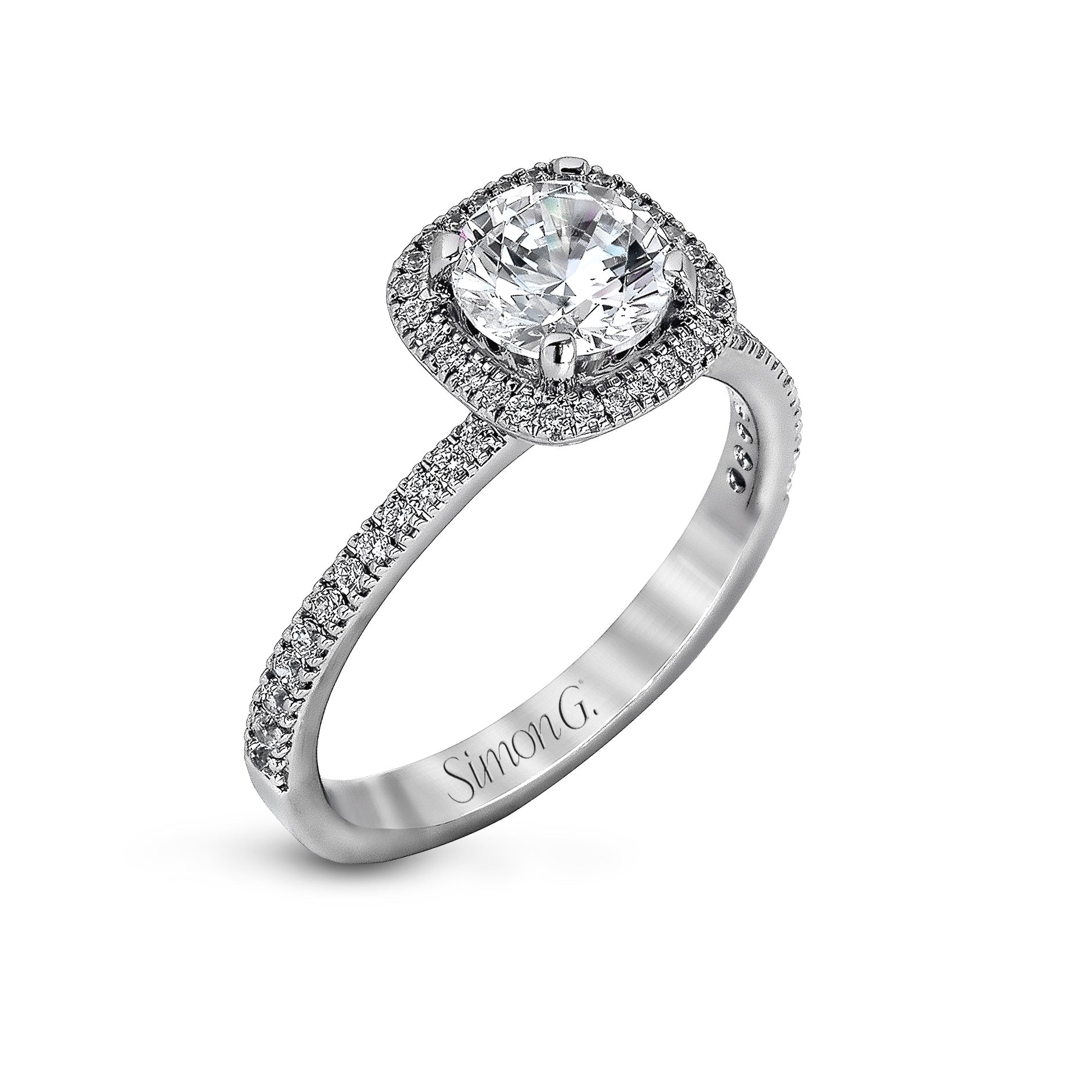Round - cut Halo Engagement Ring & Matching Wedding Band in 18k Gold with Diamonds - Simon G. Jewelry