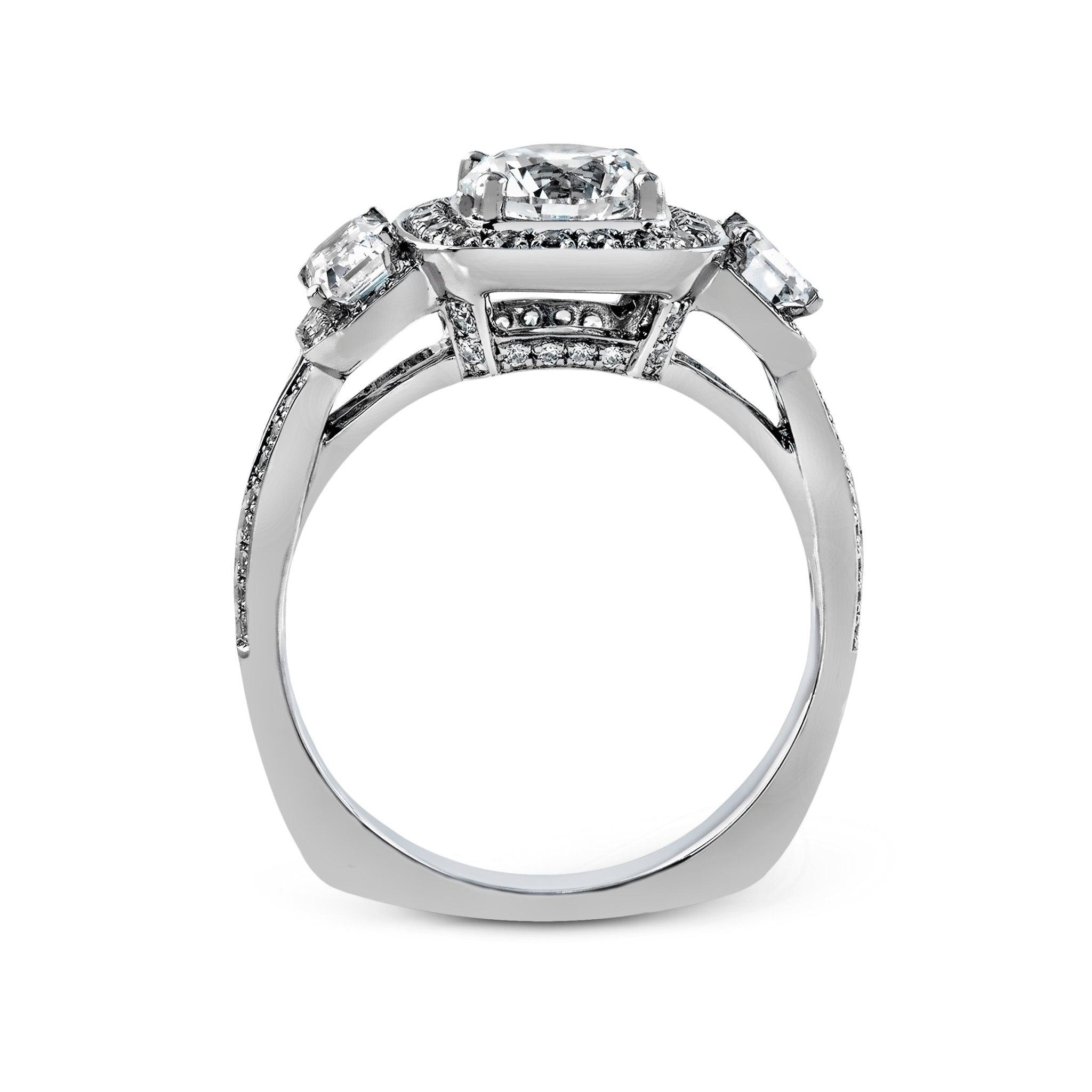 Round - Cut Three - Stone Halo Engagement Ring In 18k Gold With Diamonds - Simon G. Jewelry