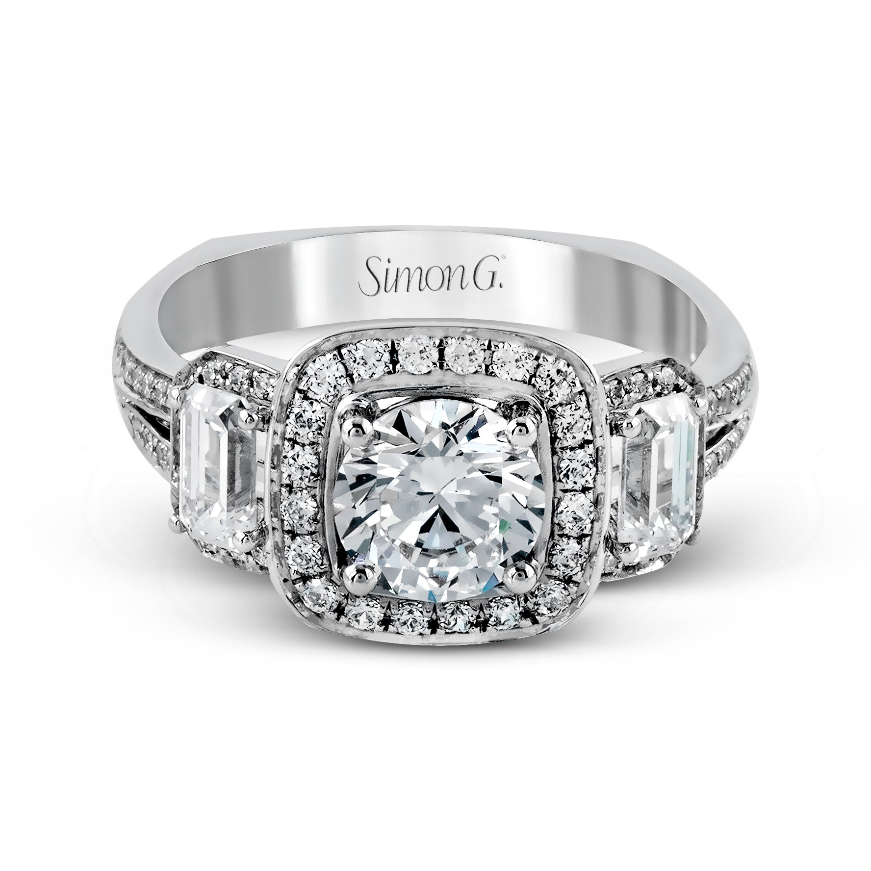 Round - Cut Three - Stone Halo Engagement Ring In 18k Gold With Diamonds - Simon G. Jewelry