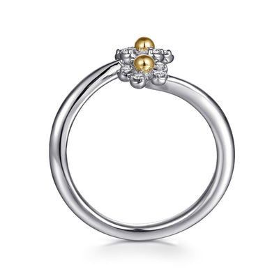 14K Yellow Gold & 925 Sterling Silver Diamond Flower Bypass Ring
