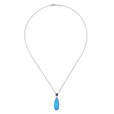 925 Sterling Silver Rock Crystal/Turquoise Teardrop Pendant with Sapphire