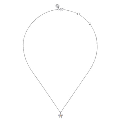 14K Yellow Gold & 925 Sterling Silver Diamond Flower Pendant Necklace