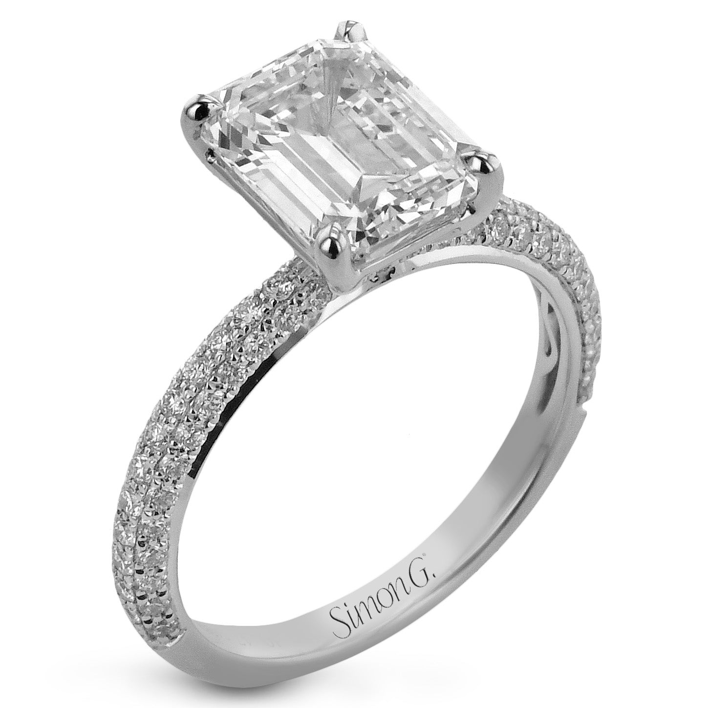 Emerald - cut Criss - cross Engagement Ring & Matching Wedding Band in 18k Gold with Diamonds - Simon G. Jewelry
