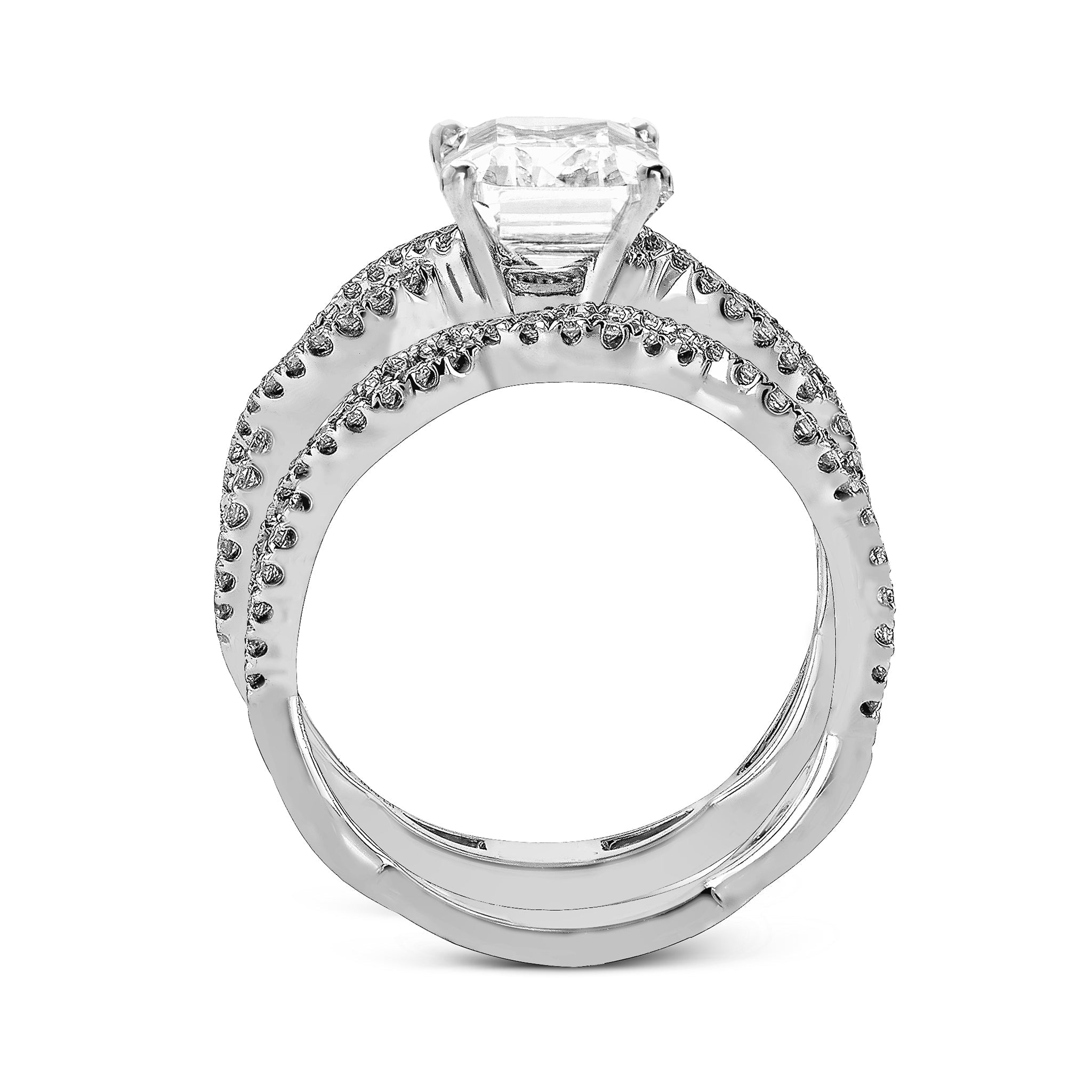 Emerald - cut Criss - cross Engagement Ring & Matching Wedding Band in 18k Gold with Diamonds - Simon G. Jewelry