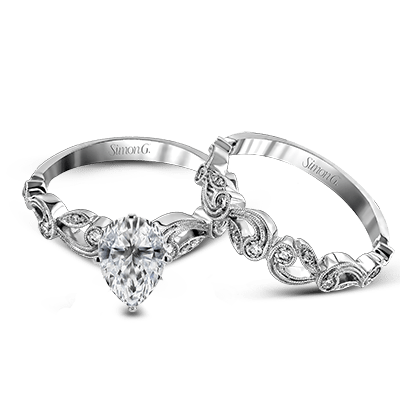 Pear - cut Trellis Engagement Ring & Matching Wedding Band in 18k Gold with Diamonds - Simon G. Jewelry