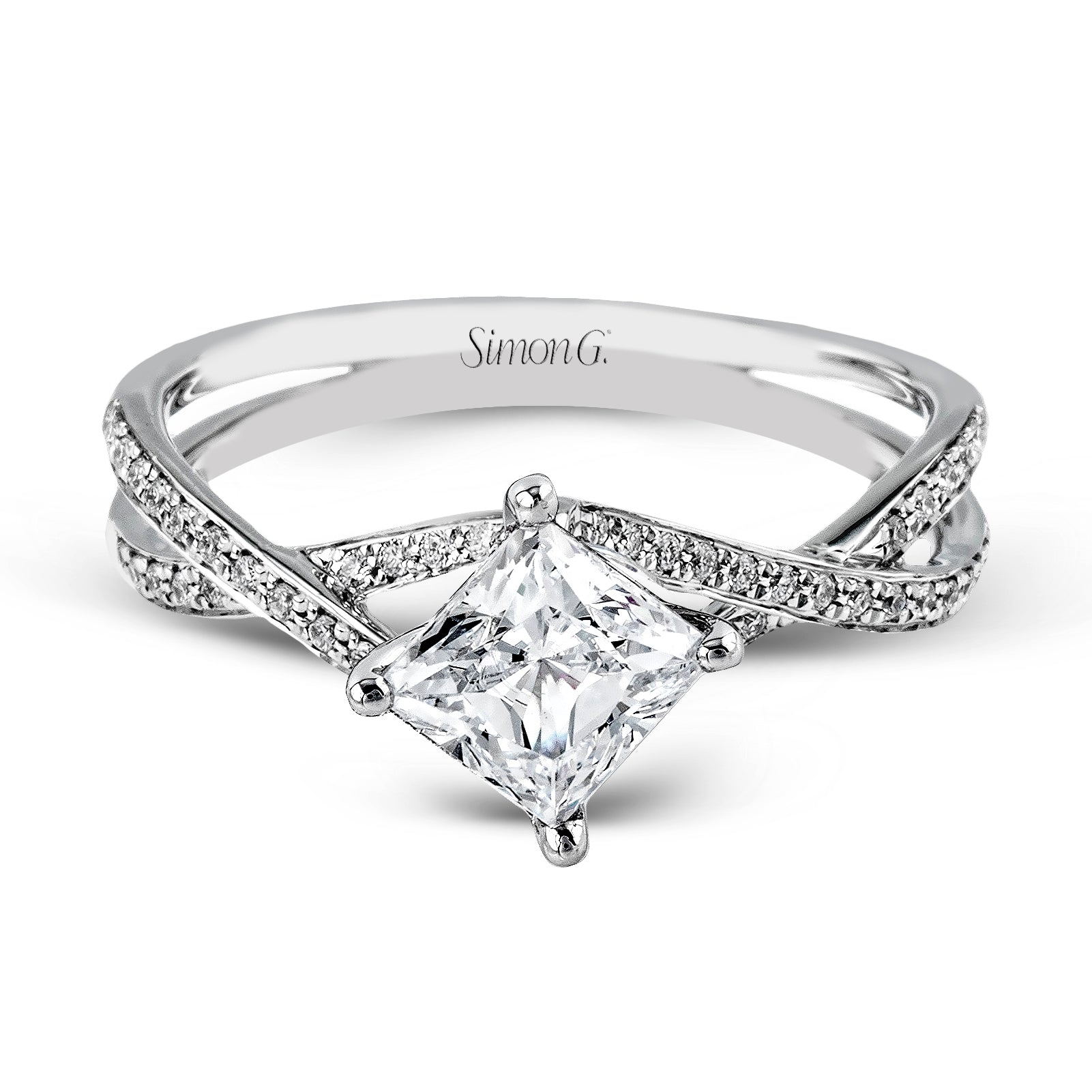 Princess - cut Criss - cross Engagement Ring in 18k Gold with Diamonds - Simon G. Jewelry