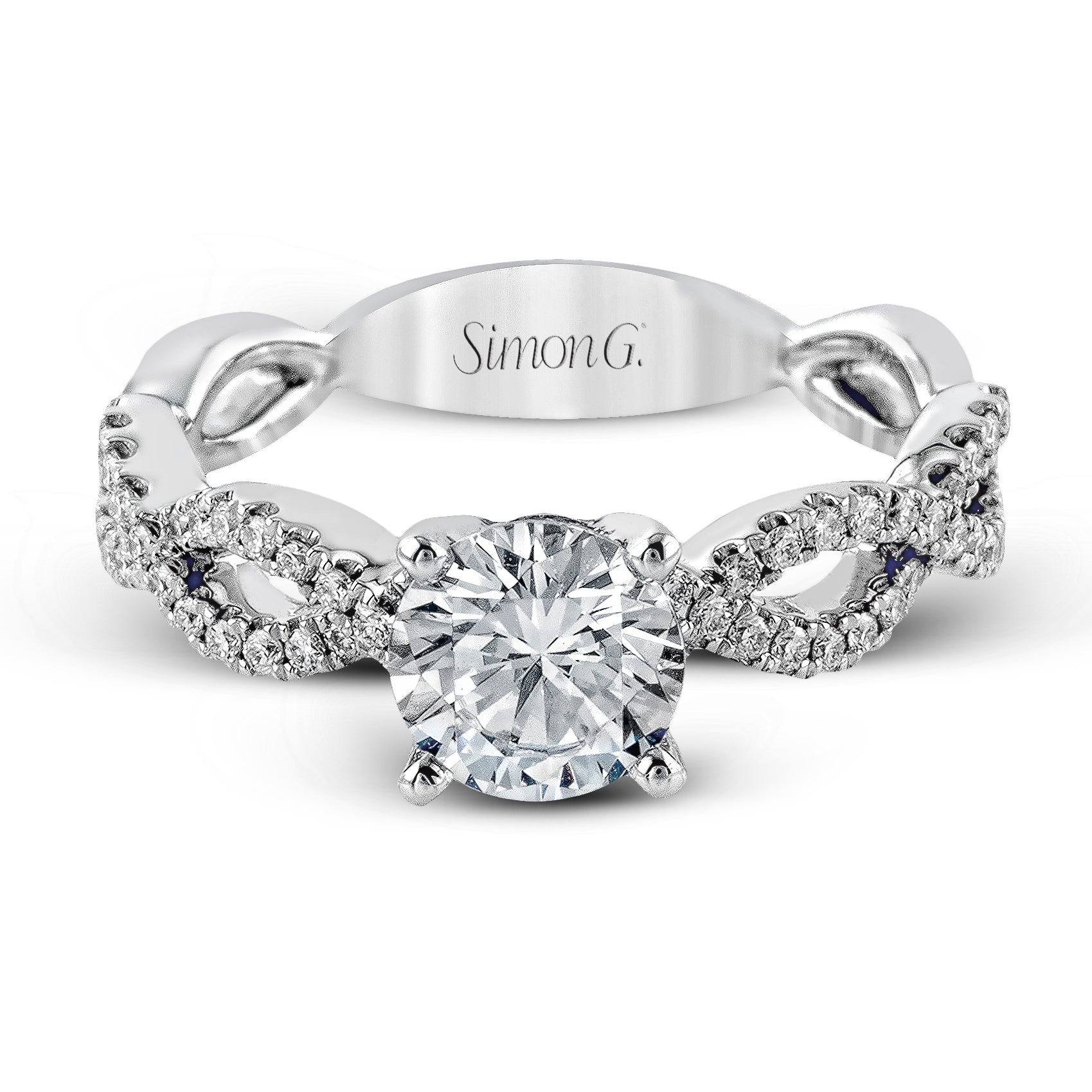 Round - cut Criss - cross Engagement Ring & Matching Wedding Band in 18K Gold with Diamonds - Simon G. Jewelry
