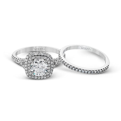Round - cut Double - Halo Engagement Ring & Matching Wedding Band in 18k Gold with Diamonds - Simon G. Jewelry