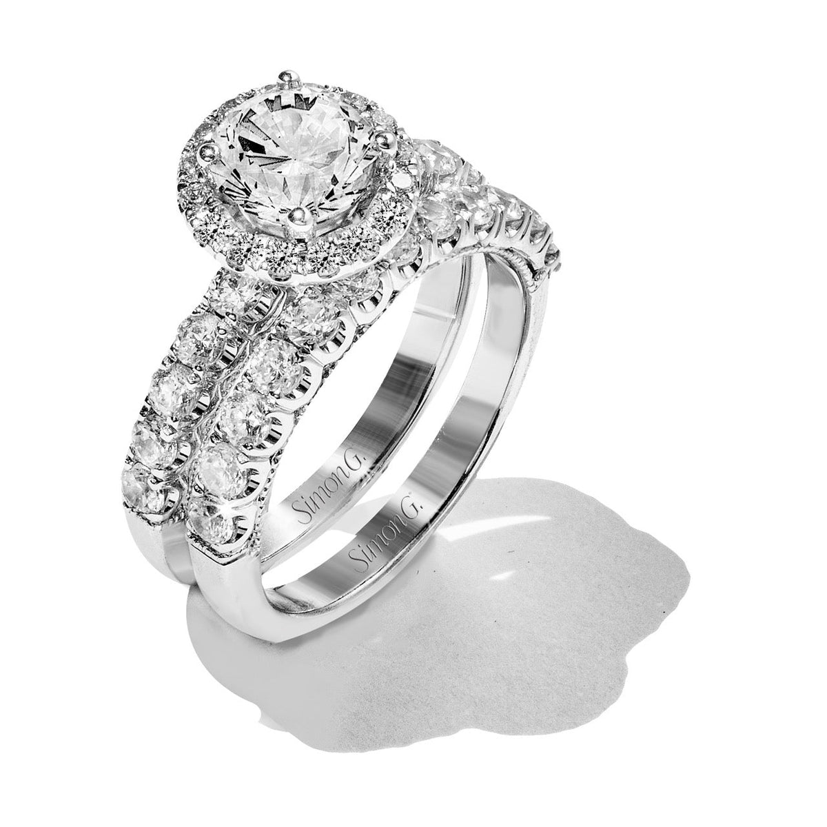 Round-cut Halo Engagement Ring & Matching Wedding Band 18k Gold with D ...
