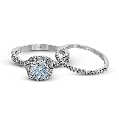 Round - cut Halo Engagement Ring & Matching Wedding Band in 18k Gold with Diamonds - Simon G. Jewelry