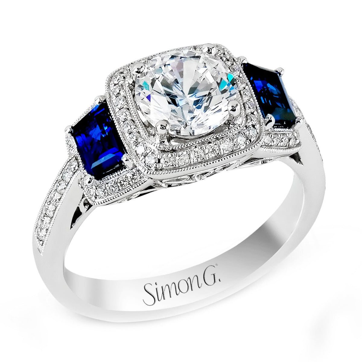 Round-Cut Three-Stone Halo Engagement Ring In 18k Gold With Diamonds ...